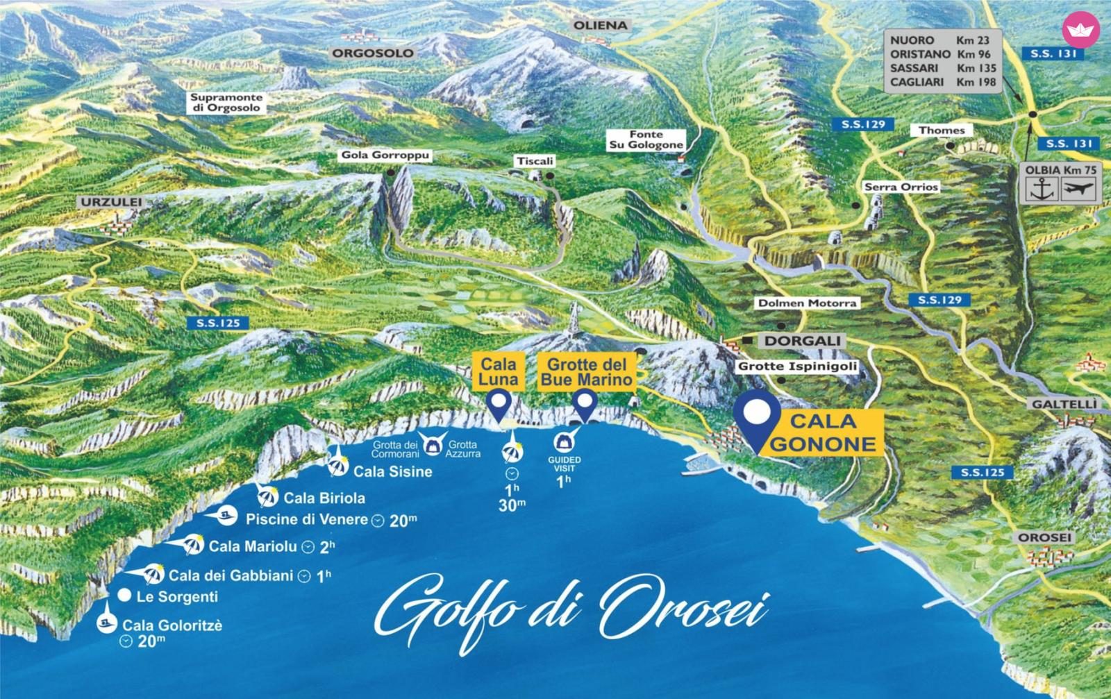 Mappa delle spiagge del Golfo di Orosei raggiungibili in barca dal porto di Cala Gonone